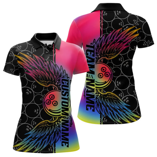 Colorful Rainbow Custom Bowling Tournament Women Polo Shirt, Bowling Ball And Wings Jerseys IPHW8846