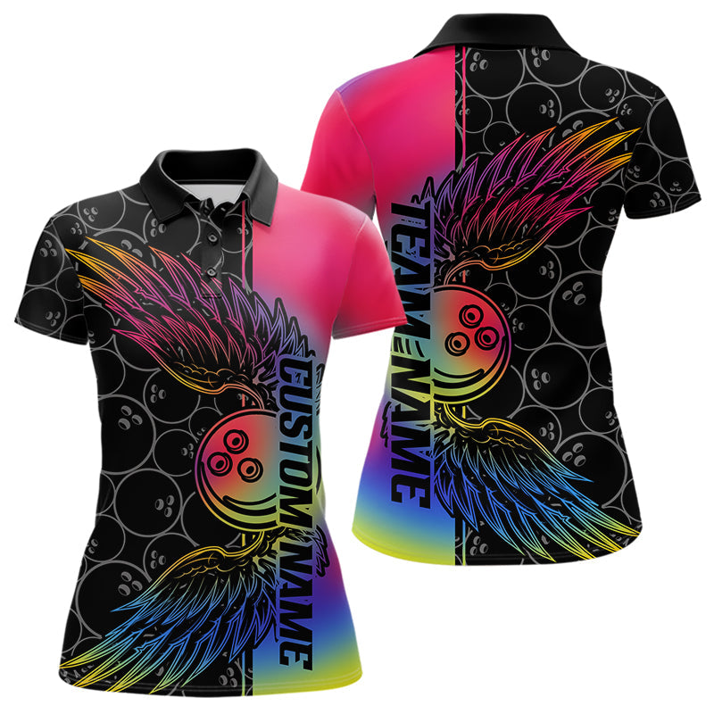 Colorful Rainbow Custom Bowling Tournament Women Polo Shirt, Bowling Ball And Wings Jerseys IPHW8846