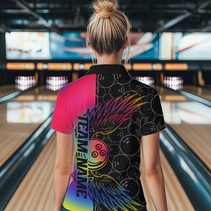 Colorful Rainbow Custom Bowling Tournament Women Quarter-Zip Shirts, Bowling Ball And Wings IPHW8846
