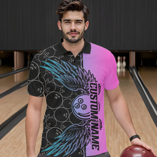 Blue And Pink Custom Bowling Tournament Men Polo Shirts, Bowling Ball And Wings Jerseys IPHW8847