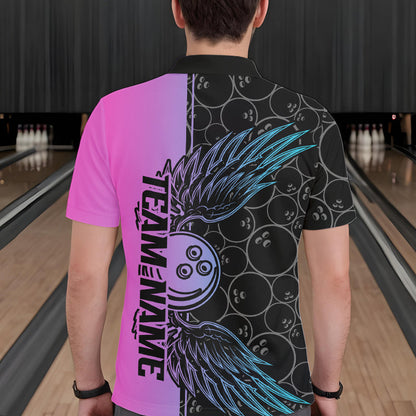 Blue And Pink Custom Bowling Tournament Men Polo Shirts, Bowling Ball And Wings Jerseys IPHW8847
