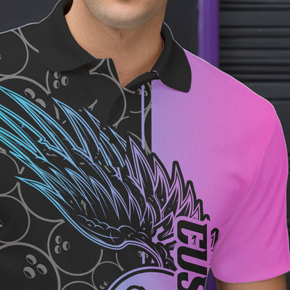 Blue And Pink Custom Bowling Tournament Men Polo Shirts, Bowling Ball And Wings Jerseys IPHW8847