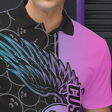 Load image into Gallery viewer, Blue And Pink Custom Bowling Tournament Men Polo Shirts, Bowling Ball And Wings Jerseys IPHW8847