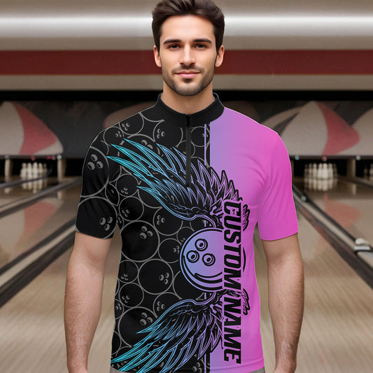 Blue And Pink Custom Bowling Tournament Men Quarter-Zip Shirts, Bowling Ball And Wings Jerseys IPHW8847