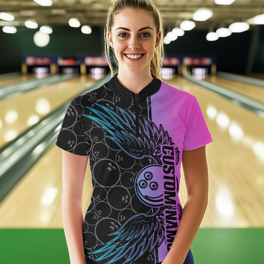 Blue And Pink Custom Bowling Tournament Women Quarter-Zip Shirts, Bowling Ball And Wings IPHW8847