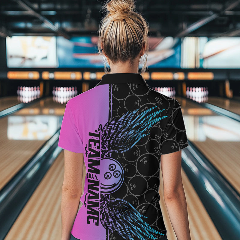 Blue And Pink Custom Bowling Tournament Women Quarter-Zip Shirts, Bowling Ball And Wings IPHW8847