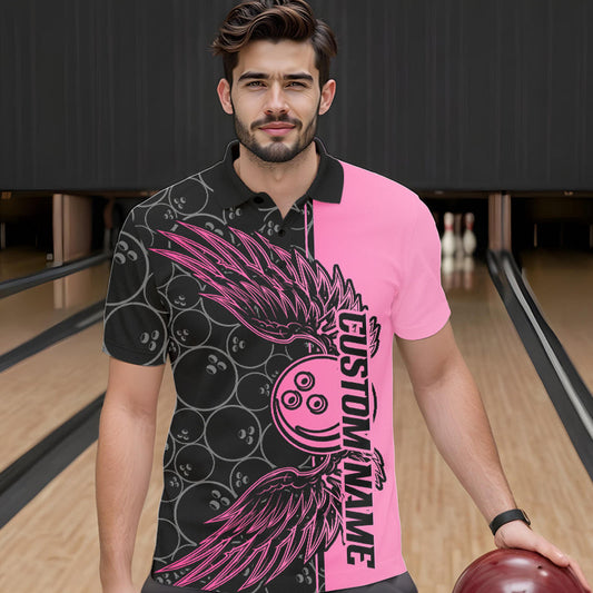 Black And Pink Custom Bowling Tournament Men Polo Shirts, Bowling Ball And Wings Jerseys IPHW8848