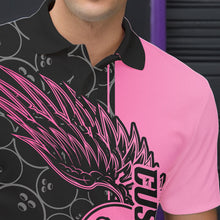 Load image into Gallery viewer, Black And Pink Custom Bowling Tournament Men Polo Shirts, Bowling Ball And Wings Jerseys IPHW8848