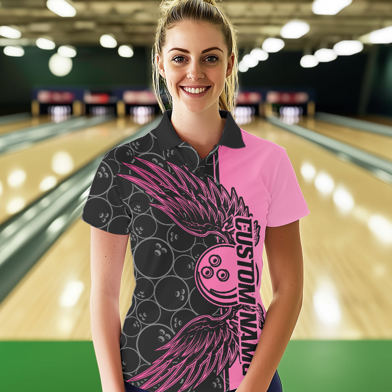 Black And Pink Custom Bowling Tournament Women Polo Shirts, Bowling Ball And Wings Jerseys IPHW8848