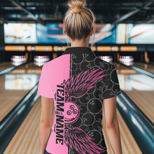 Load image into Gallery viewer, Black And Pink Custom Bowling Tournament Women Polo Shirts, Bowling Ball And Wings Jerseys IPHW8848