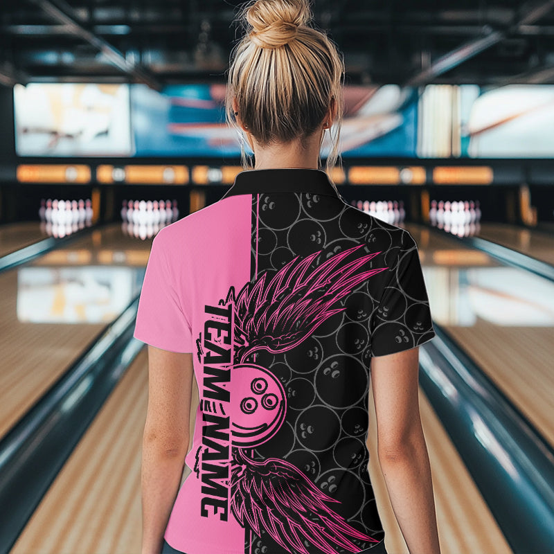 Black And Pink Custom Bowling Tournament Women Quarter-Zip Shirts, Bowling Ball And Wings IPHW8848