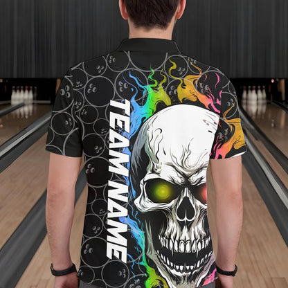 Custom Rainbow Color Flame Skull Bowling Men Polo Shirts, Bowling Pattern Team League Shirt IPHW8852