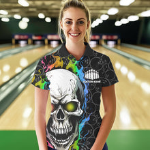 Load image into Gallery viewer, Custom Rainbow Color Flame Skull Bowling Women Polo Shirts, Bowling Team League Shirt IPHW8852
