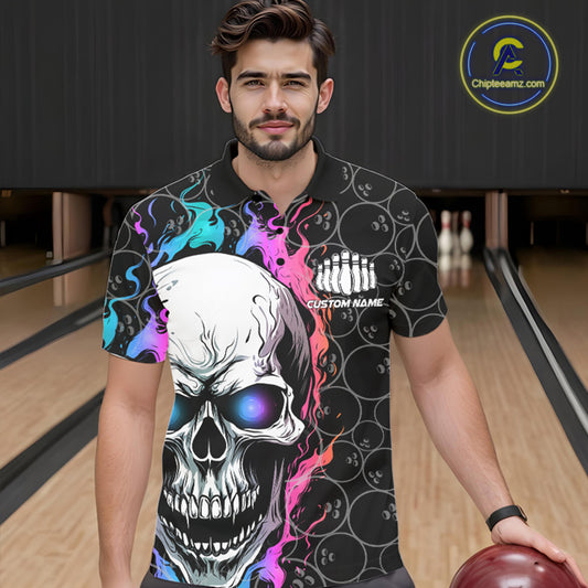 Custom Blue And Pink Flame Skull Bowling Men Polo Shirts, Bowling Pattern Team League Shirt IPHW8853