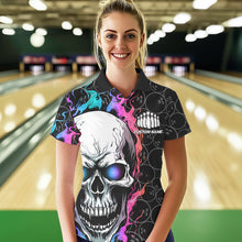 Load image into Gallery viewer, Custom Blue And Pink Flame Skull Bowling Women Polo Shirts, Bowling Team League Shirt IPHW8853