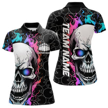 Load image into Gallery viewer, Custom Blue And Pink Flame Skull Bowling Women Polo Shirts, Bowling Team League Shirt IPHW8853