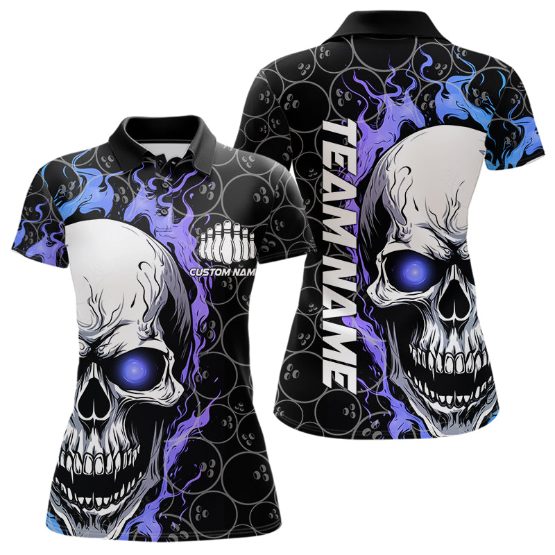 Custom Blue And Purple Flame Skull Bowling Women Polo Shirts, Bowling Team League Shirt IPHW8854