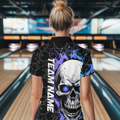 Custom Blue And Purple Flame Skull Bowling Women Quarter-Zip Shirts, Bowling League Shirt IPHW8854