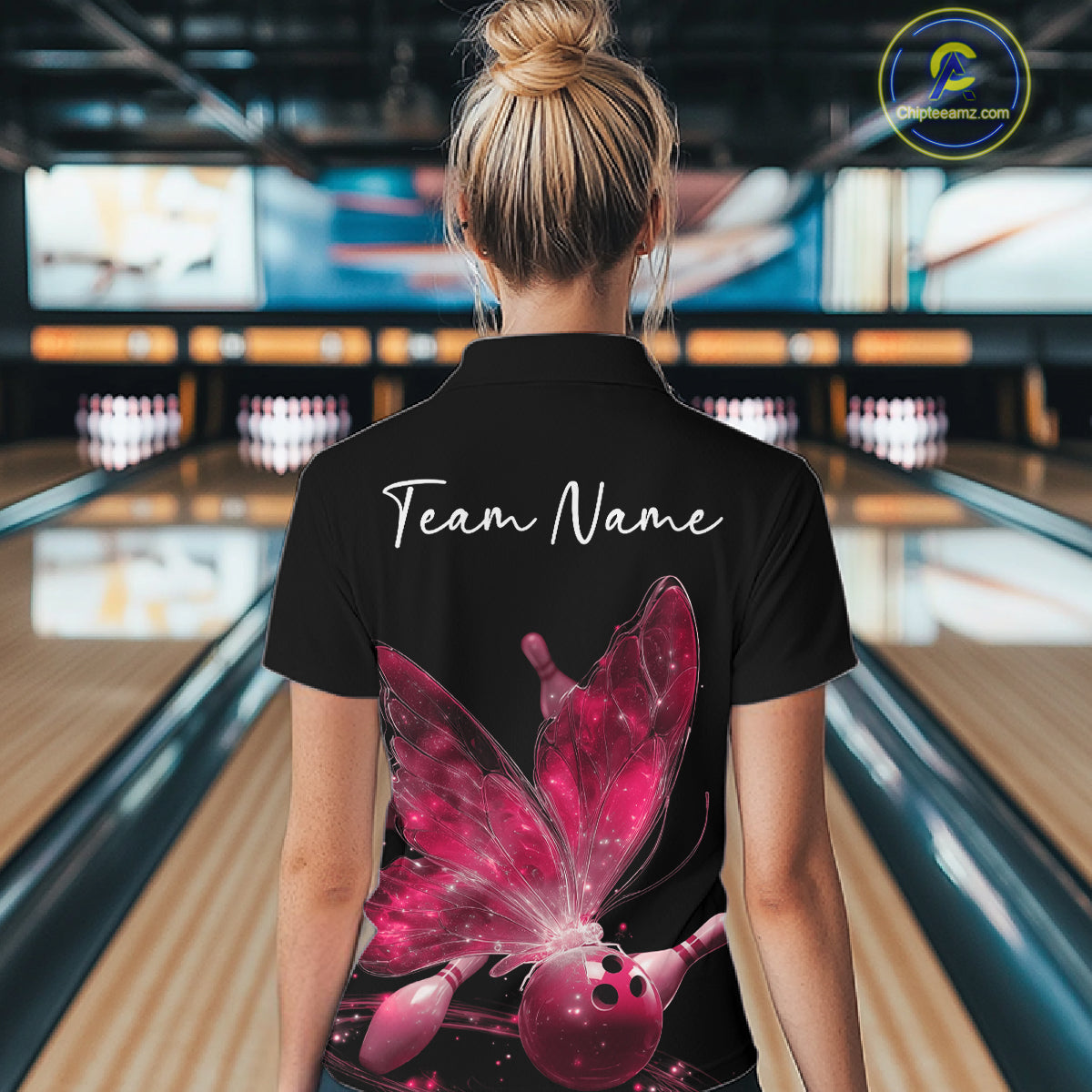 Custom Pink Galaxy Butterfly Bowling Women Quarter-Zip Shirts, Ladies Bowling Outfit IPHW10942