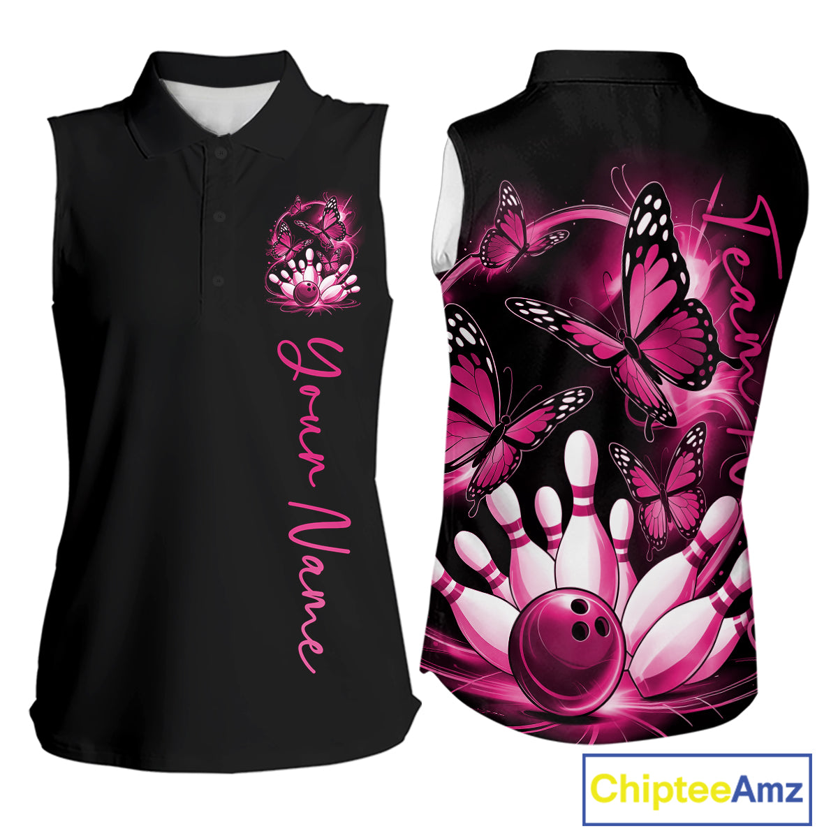 Custom Pink Butterfly Bowling Women Sleeveless Polo Shirts With Team Name, Bowling Uniform IPHW10945