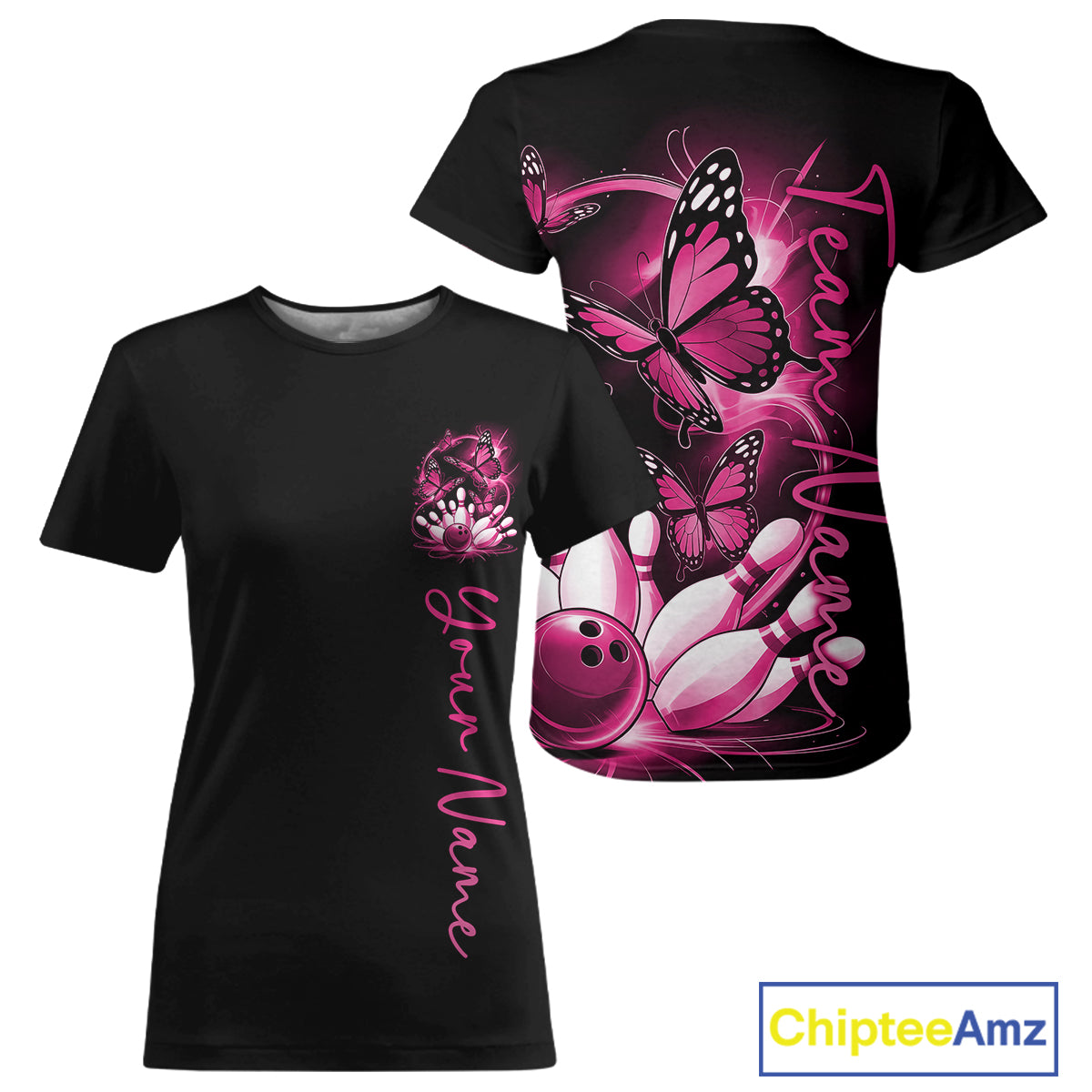 Custom Pink Butterfly Bowling Women T-Shirts With Team Name, Bowling Uniform IPHW10945