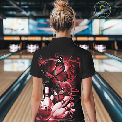 Custom Red Butterfly Bowling Women Polo Shirts With Team Name, Bowling Uniform IPHW10946