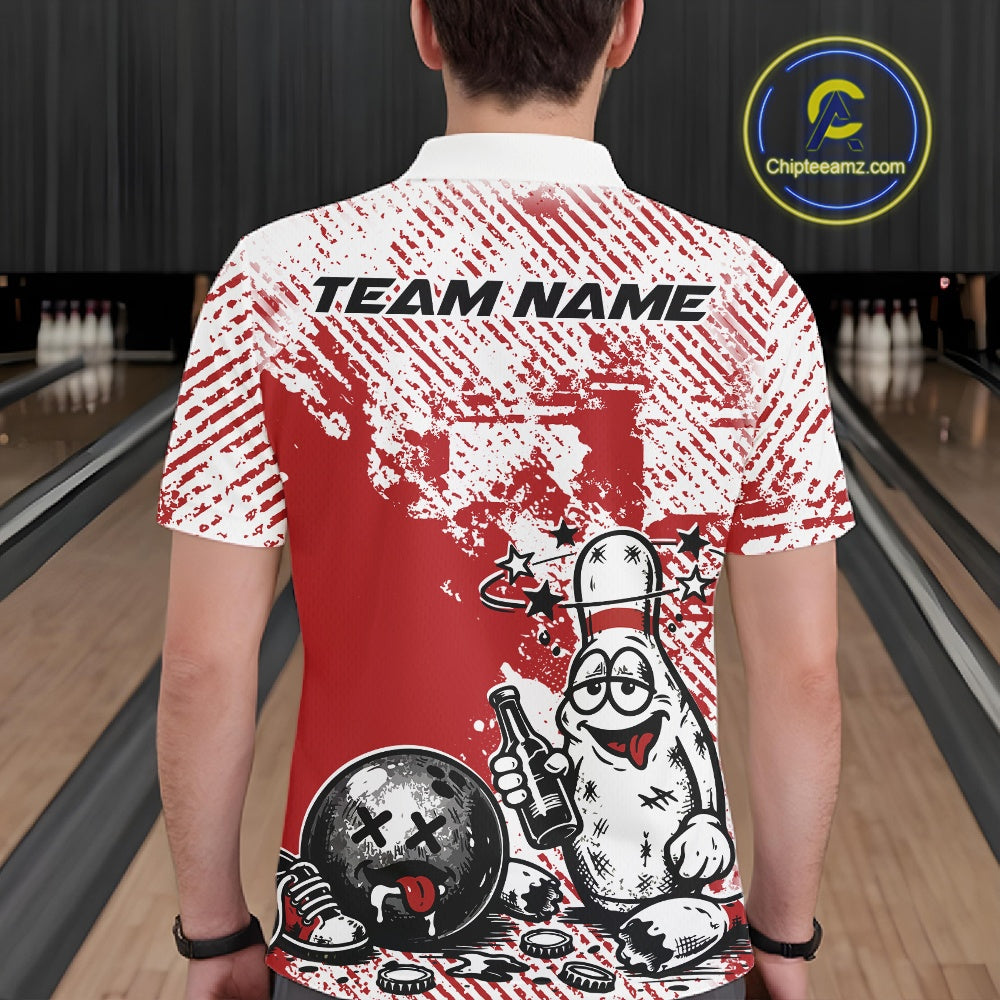 Back view of a male bowler wearing a red and white polo shirt, grunge-style drunk bowling pin illustration holding beer bottle and bowling ball.