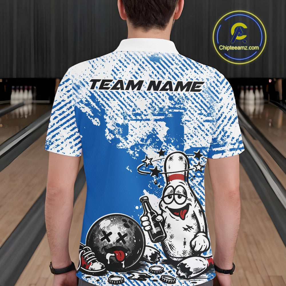 Back view of a male bowler wearing a blue and white polo shirt, grunge-style drunk bowling pin illustration with beer bottle and bowling ball.