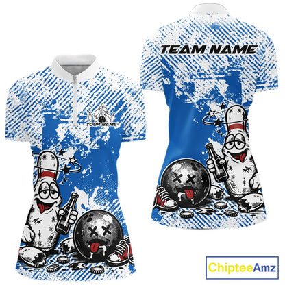 Women’s quarter zip bowling shirt mockup in blue and white, grunge background, funny drunk bowling pin illustration holding beer bottle and bowling ball