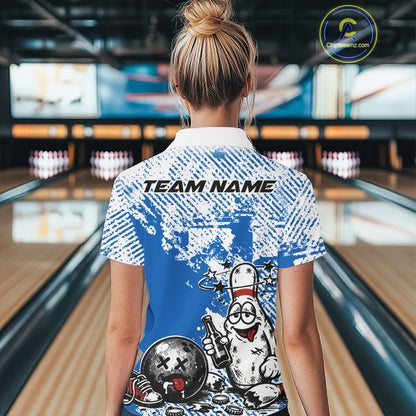 Back view female model wearing blue and white quarter zip bowling shirt in bowling lane, humorous bowling pin beer bottle artwork