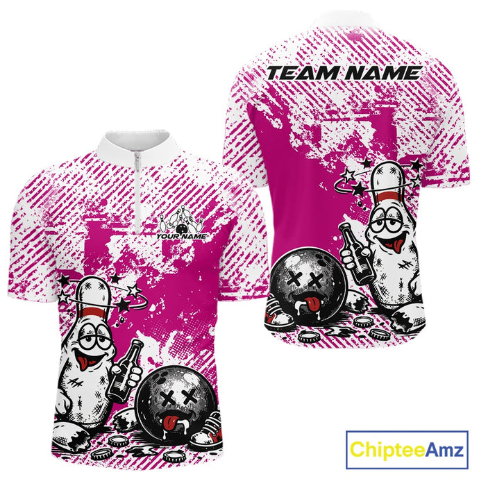 Front and back view of a men’s quarter-zip bowling shirt mockup in pink and white, featuring humorous drunk bowling pin holding beer and bowling ball.