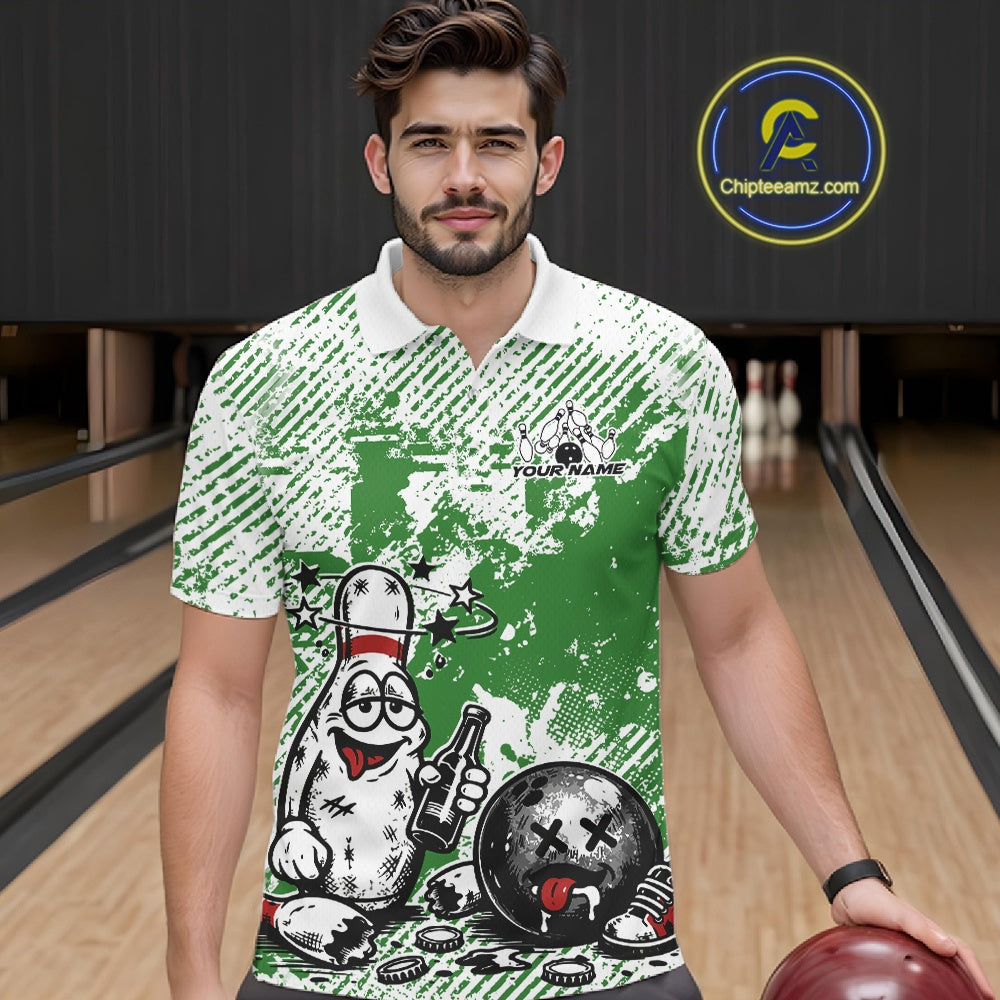Male model in a bowling lane wearing a green and white polo shirt, humorous drunk bowling pin artwork holding beer bottle and bowling ball.