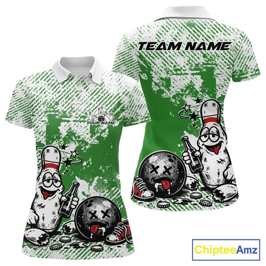 Front and back view of a women’s polo shirt mockup in green and white, featuring drunk cartoon bowling pin holding beer bottle and bowling ball with grunge effect.