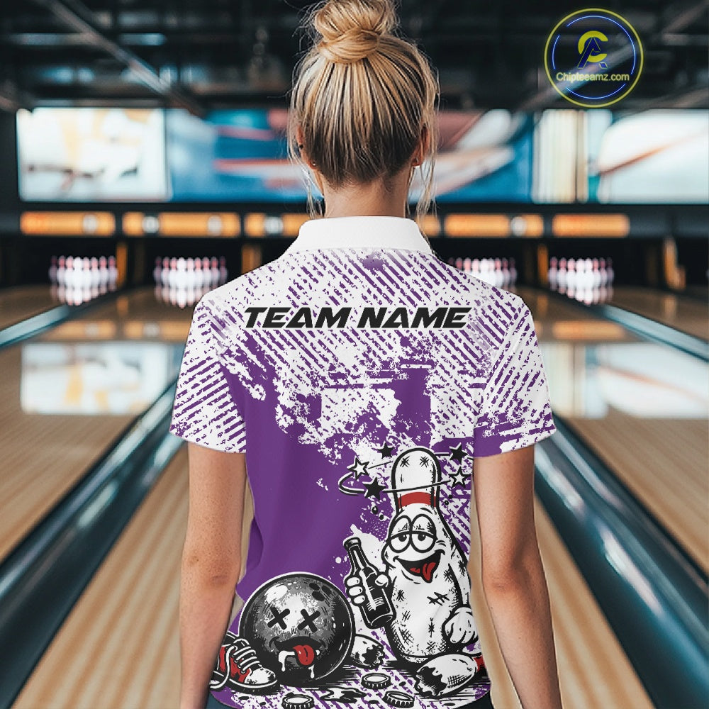 Back view of a female model wearing a purple and white bowling polo shirt, grunge-style drunk bowling pin illustration with beer and ball.