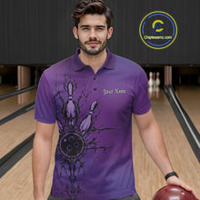 Load image into Gallery viewer, Man wearing a purple polo shirt with a bowling design on a bowling alley.