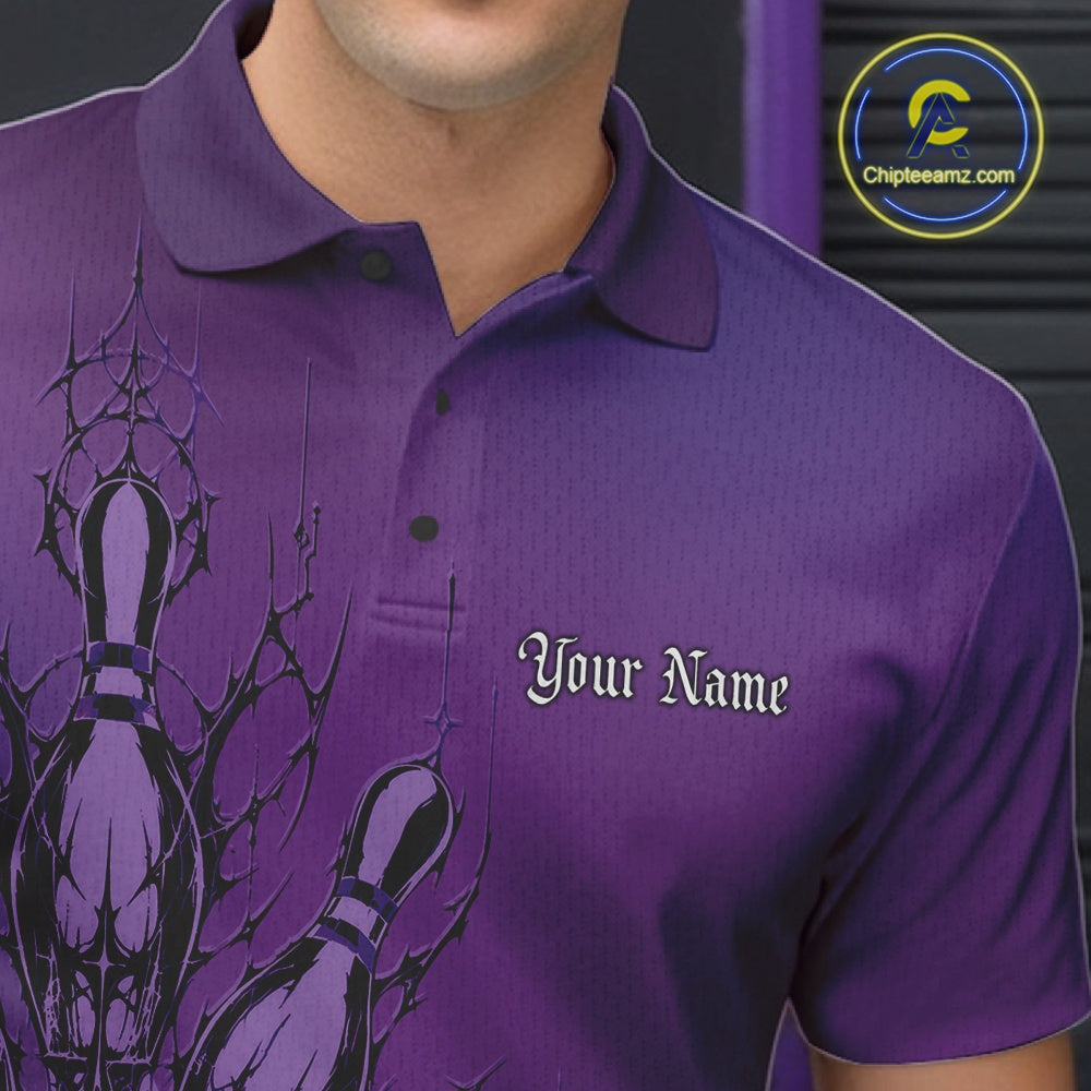 Purple polo shirt with black graphic design and 'Your Name' text, brand logo visible.
