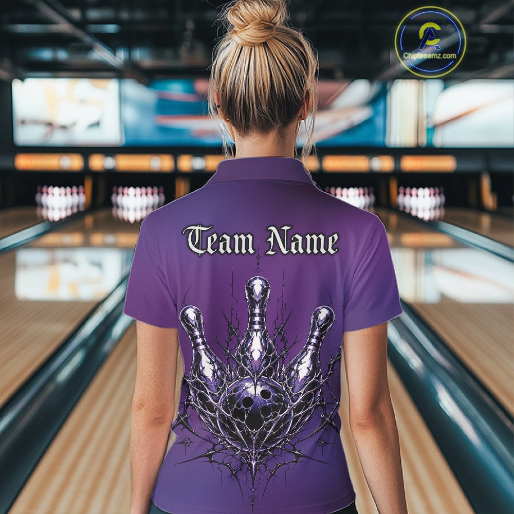 Person wearing a purple bowling shirt with 'Team Name' text in a bowling alley.