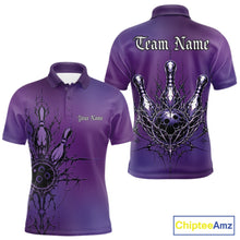 Load image into Gallery viewer, Purple polo shirt with bowling design on front and back, 'Team Name' and 'Your Name' text space, ChipteeAmz branding.