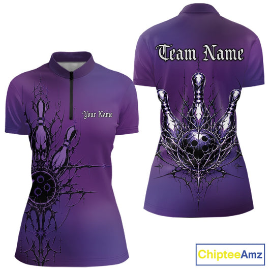 Purple sports shirt with black graphic design and customizable text on a white background