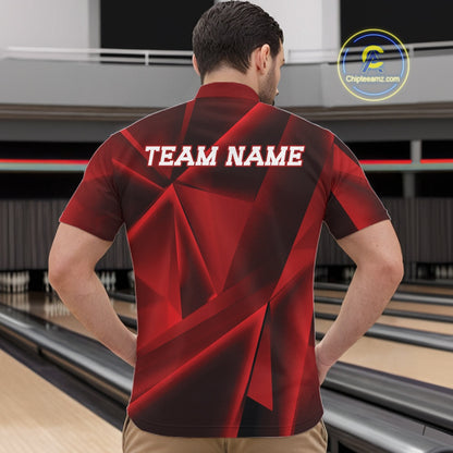 Person wearing a red bowling shirt with 'TEAM NAME' on the back, standing in a bowling alley.