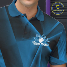 Load image into Gallery viewer, Blue and black polo shirt with a bowling design and 'Your Name' text on a dark background.