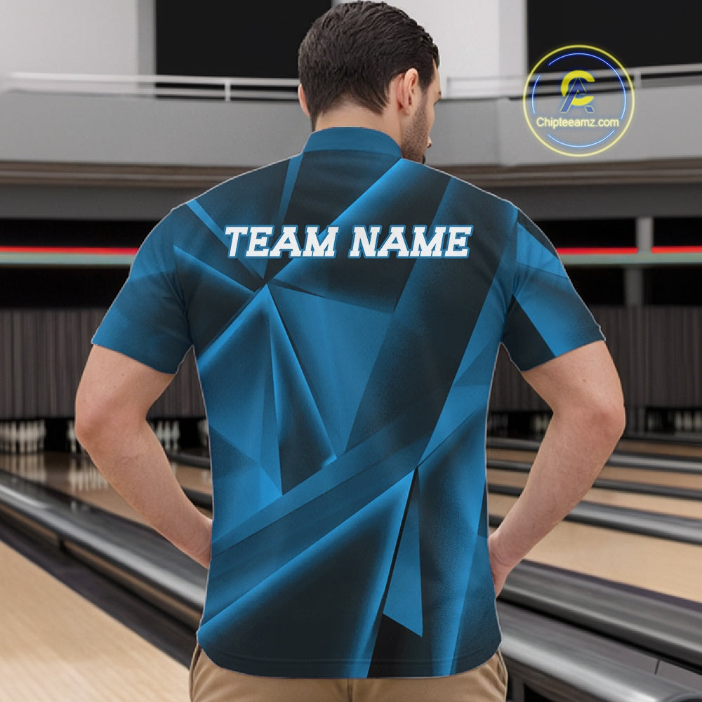 Man wearing a blue bowling shirt with 'TEAM NAME' on the back, standing on a bowling lane.