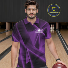 Load image into Gallery viewer, Man in a purple bowling shirt with a logo and text on a bowling alley background