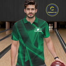 Load image into Gallery viewer, Man in a green bowling shirt with a logo in a bowling alley