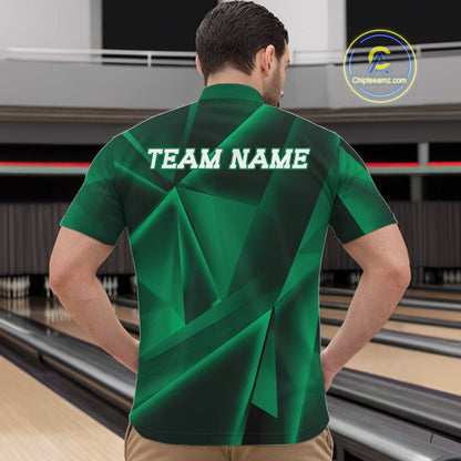 Person wearing a green bowling shirt with 'TEAM NAME' text at a bowling alley.