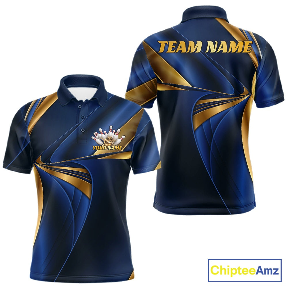 Custom Blue And Gold Men Polo Bowling Team Shirt, Bowling League Shirt IPHW11612