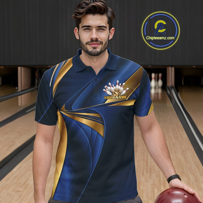 Custom Blue And Gold Men Polo Bowling Team Shirt, Bowling League Shirt IPHW11612
