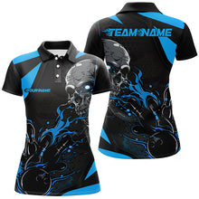 Load image into Gallery viewer, Custom Black And Blue Flame Ladies Bowling Shirts, Halloween Skull Bowling Shirts Outfits IPHW7089