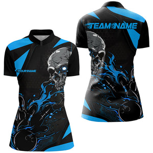 Custom Black And Blue Flame Ladies Bowling Shirts, Halloween Skull Bowling Shirts Outfits IPHW7089