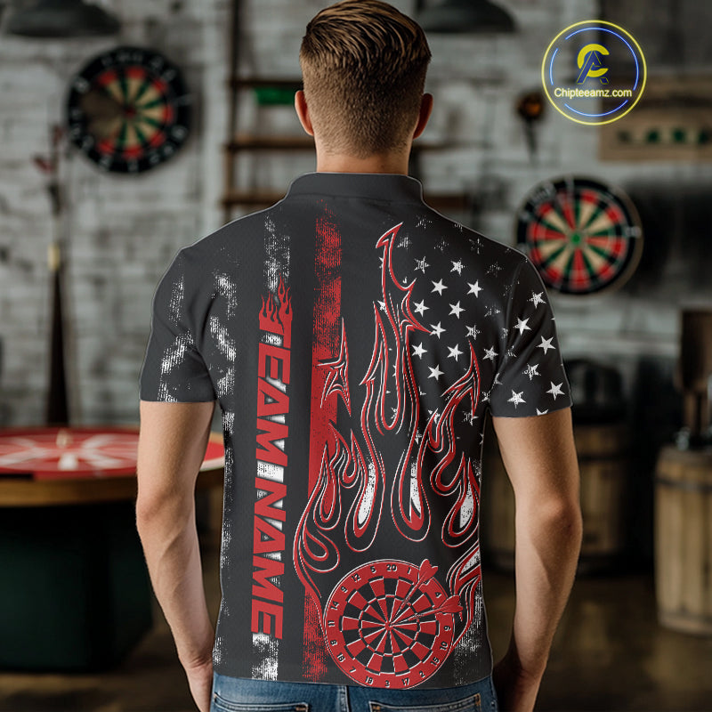 Custom Red Thin Line US Flag Patriotic Flame Dartboard Dart Men Polo Shirts, Dart Jerseys IPHW9639